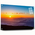 Acrylic print of a serene Maui landscape, featuring ocean and palm trees, in soft blue and green shades.