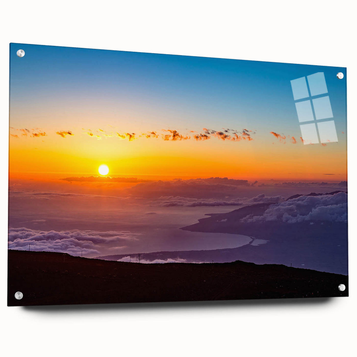 Acrylic print of a serene Maui landscape, featuring ocean and palm trees, in soft blue and green shades.