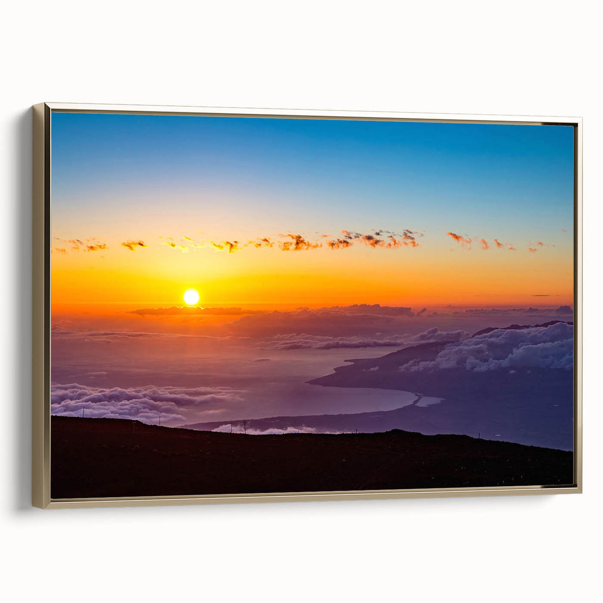 Framed canvas of a vintage-style Maui landscape, with black and gold tones, ideal for bedroom wall art.
