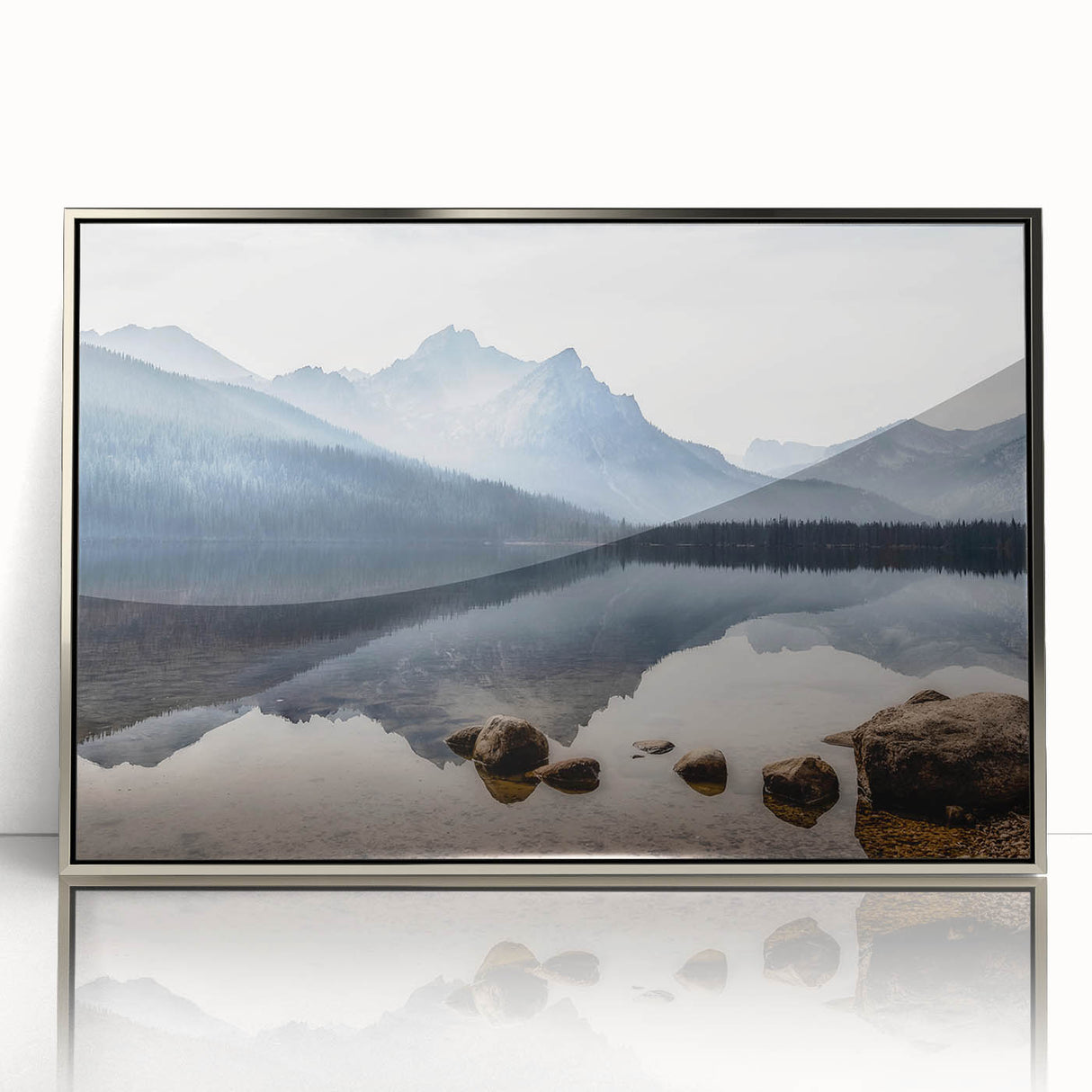 Mid-century modernist art depicting Idaho scenery in muted colors on a silver-framed acrylic print.