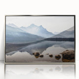 Mid-century modernist art depicting Idaho scenery in muted colors on a silver-framed acrylic print.