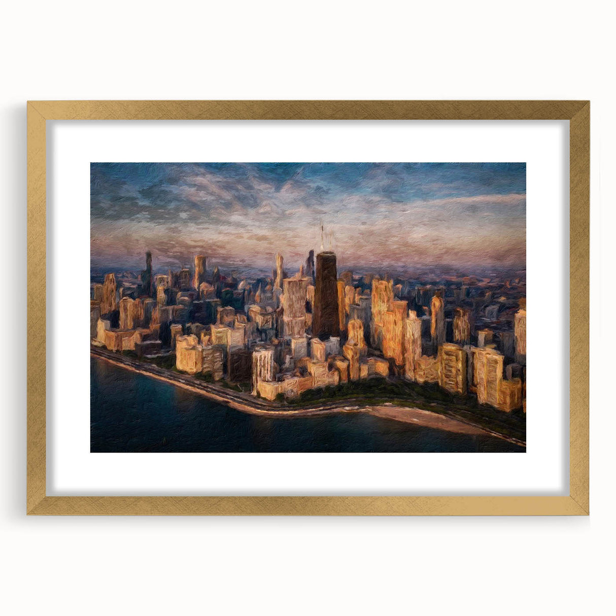 Extra large abstract art print of Chicago skyline in textured gold frame, ideal for living room decor.