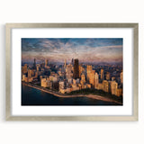 Textured abstract art print of Chicago skyline in muted gray and blue tones on a framed canvas, ideal for bedroom art.
