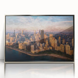 Mid-century modernist art of Chicago skyline in muted silver tones on framed acrylic, suitable for modern art wall decor.