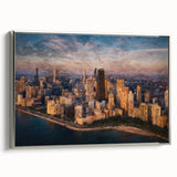 Framed canvas landscape art painting of Chicago skyline in muted grayscale with colorful accents, ideal for office decor.