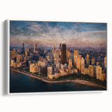 Vintage poster art of Chicago skyline in colorful hues on a large framed canvas, suitable for living room decor.