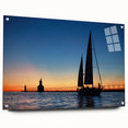 Acrylic print of Lake Michigan, featuring large abstract shapes in blue and gray tones.