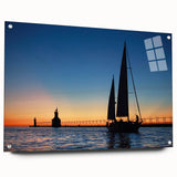 Acrylic print of Lake Michigan, featuring large abstract shapes in blue and gray tones.