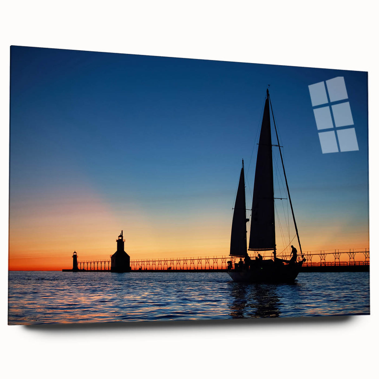 Acrylic print of Lake Michigan with muted blue and gray tones, ideal for bedroom or dining room art.
