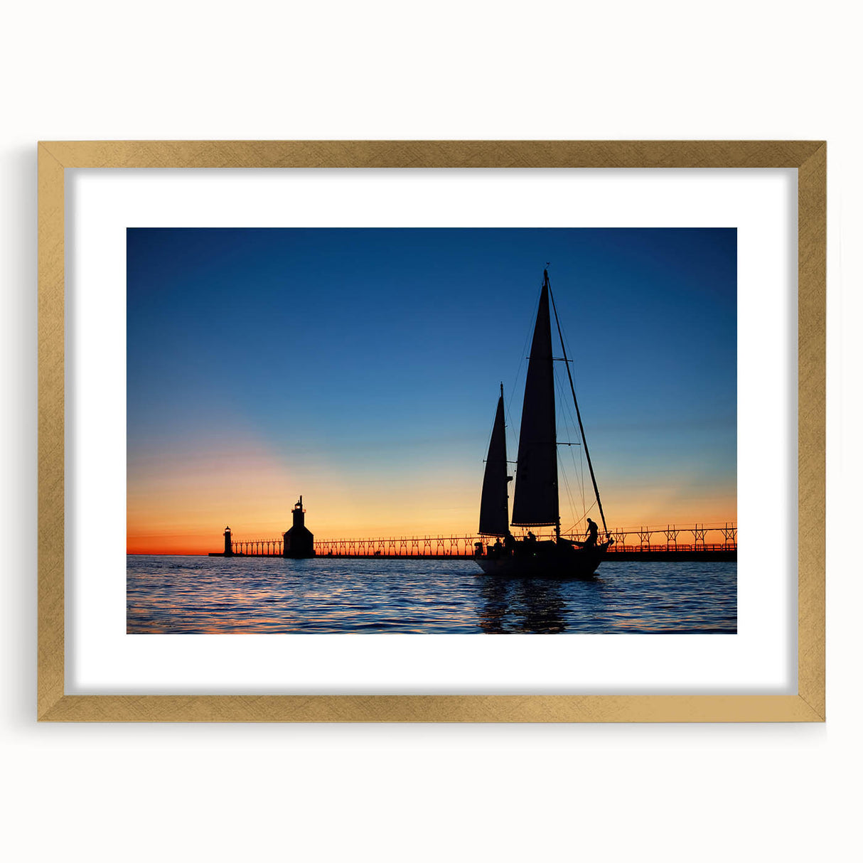 Extra large abstract art print of Lake Michigan, featuring textured blue and gray tones on a gold-framed canvas.