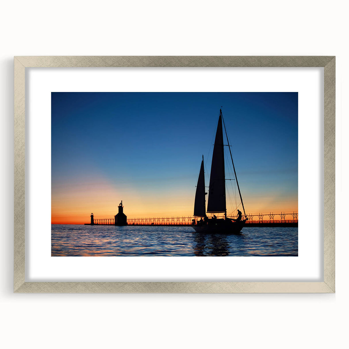 Textured abstract art print of Lake Michigan, in muted blue and gray tones on a framed canvas, suitable for bedroom decor.