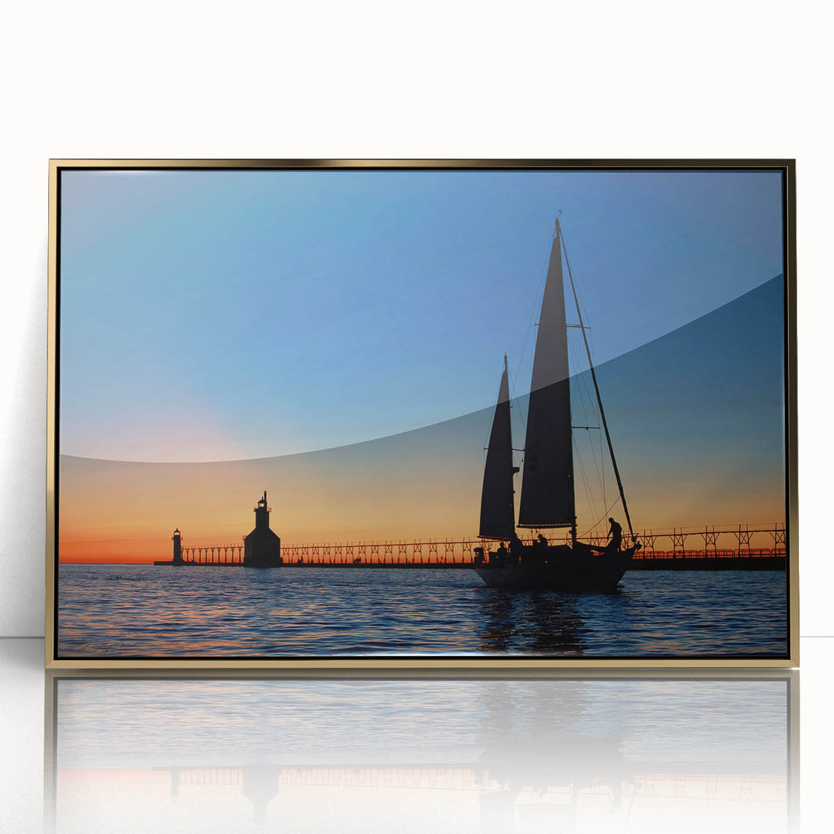 Framed acrylic print of Lake Michigan with soft blue and gold tones in a mid-century modernist style.