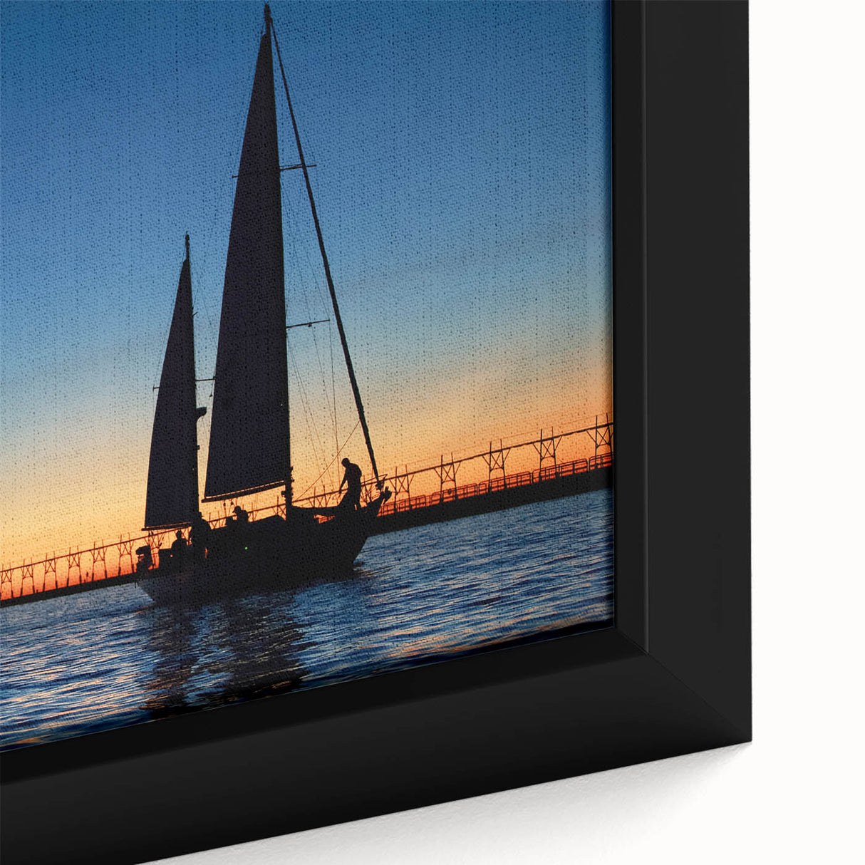 Extra large framed canvas featuring a textured depiction of Lake Michigan, in black with colorful art accents.