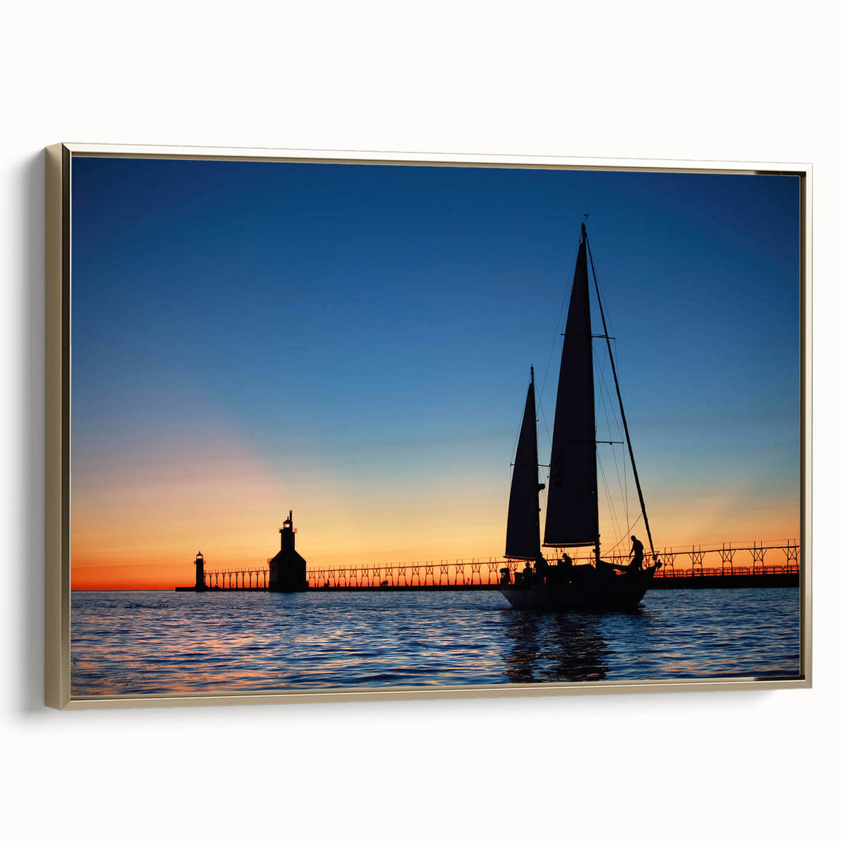 Framed canvas of Lake Michigan with a vintage black and gold color palette, ideal for bedroom wall art.