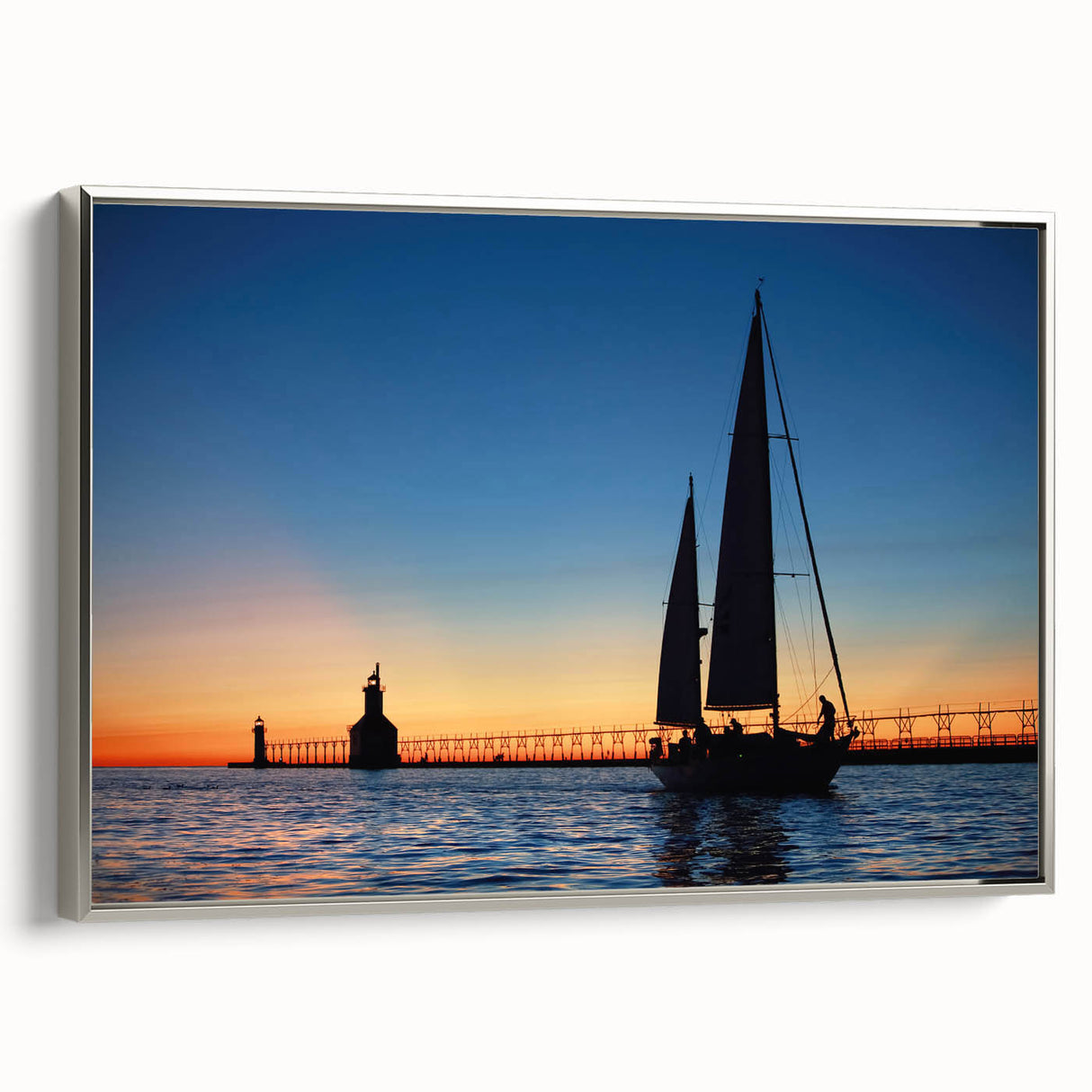 Landscape art painting of Lake Michigan, featuring vibrant blues and greens on a framed canvas.
