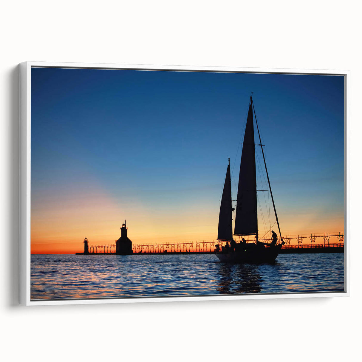 Vintage poster art of Lake Michigan, featuring a colorful palette on a framed canvas, suitable for living room decor.