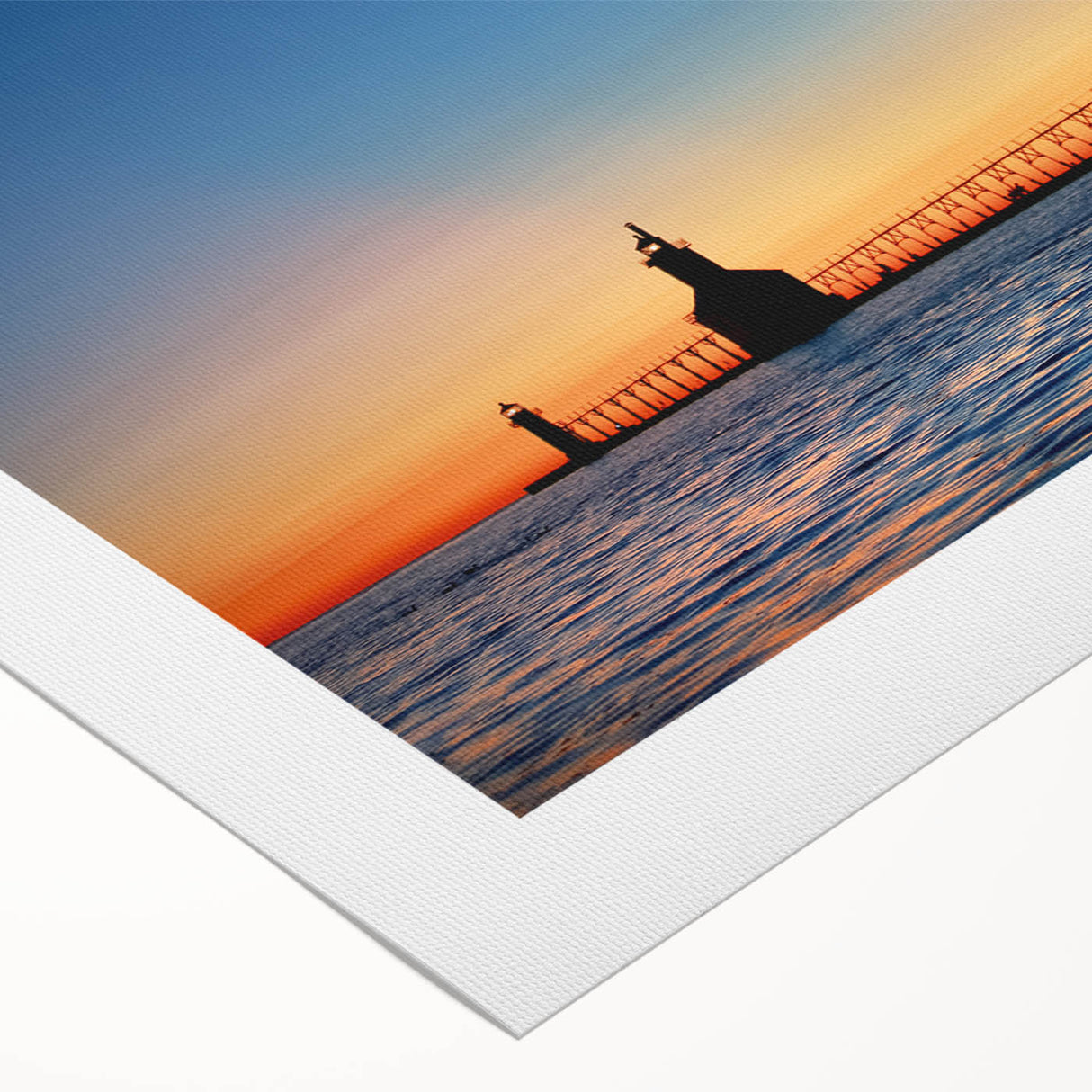 Art deco poster of Lake Michigan, featuring subdued blue and silver hues on rolled canvas, suitable for dining room decor.