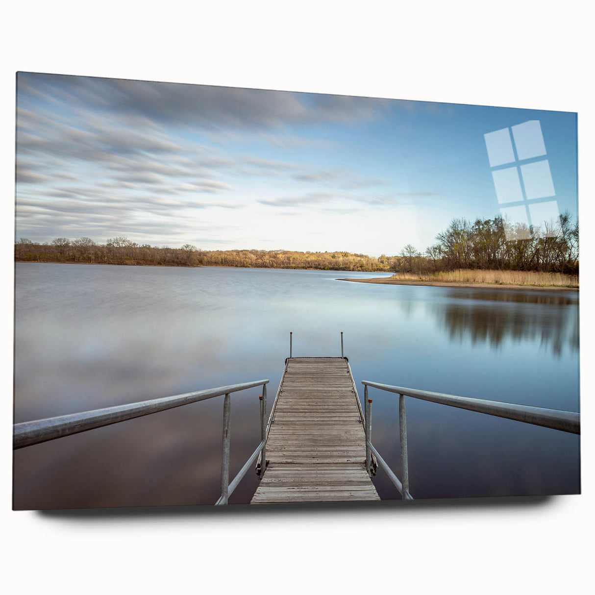 Large abstract wall art depicting a serene Iowa landscape in muted green and blue tones, acrylic print.