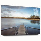 Large abstract wall art depicting a serene Iowa landscape in muted green and blue tones, acrylic print.