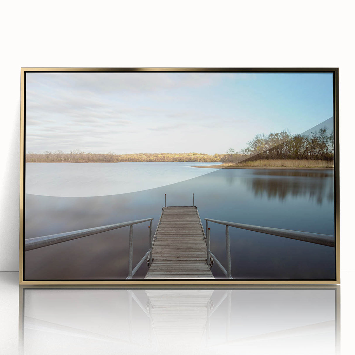 Large art print of an Iowa landscape in mid-century modernist style, framed in gold acrylic, with muted earth tones.