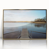 Large art print of an Iowa landscape in mid-century modernist style, framed in gold acrylic, with muted earth tones.