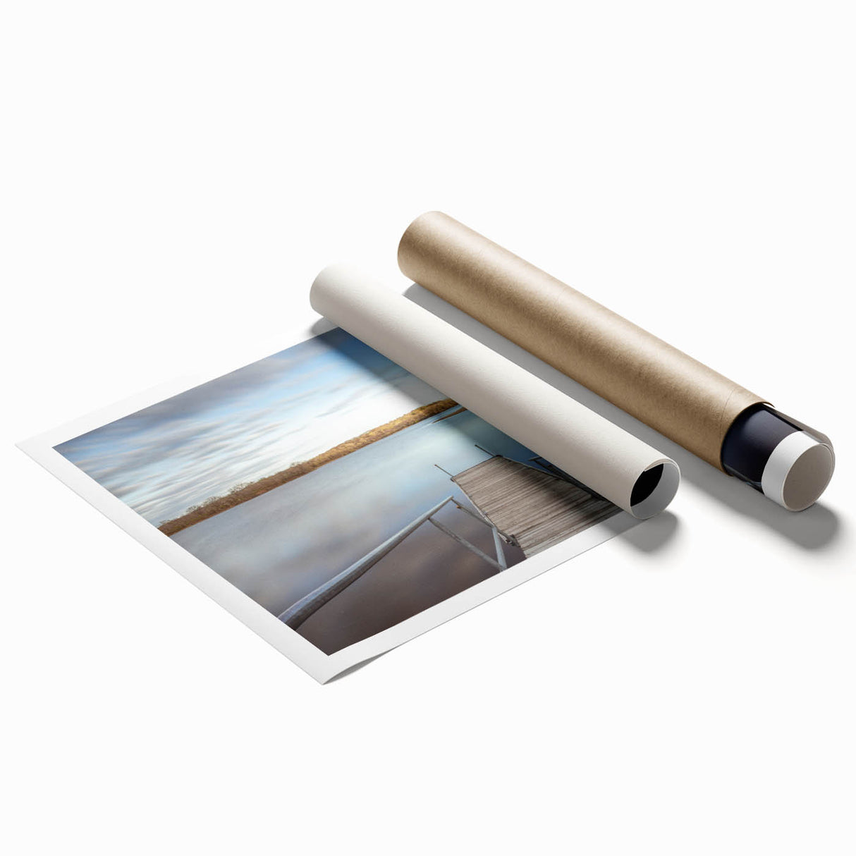 Extra large rolled print featuring a serene Iowa landscape with soft floral elements in muted green and blue tones.