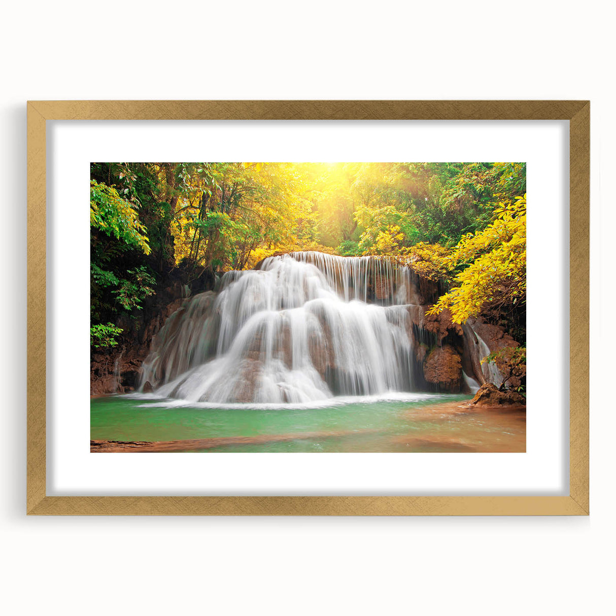 Extra large abstract art print of textured Kentucky scenery in a gold frame, ideal for living room decor.