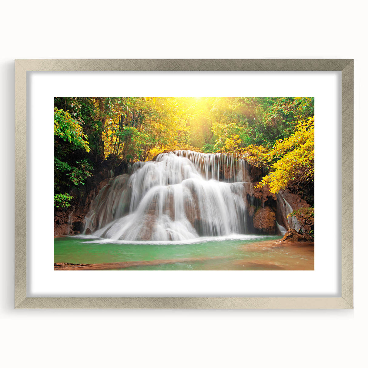 Textured abstract art print of Kentucky scenery in muted earth tones, framed in silver, ideal for bedroom art.