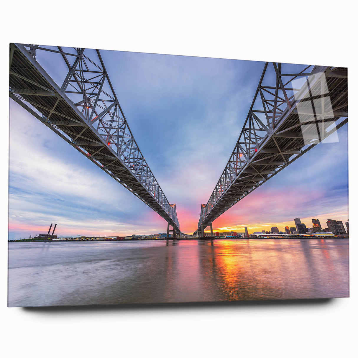 Acrylic print of a large abstract depiction of New Orleans in muted earth tones, suitable for bedroom or dining room art.