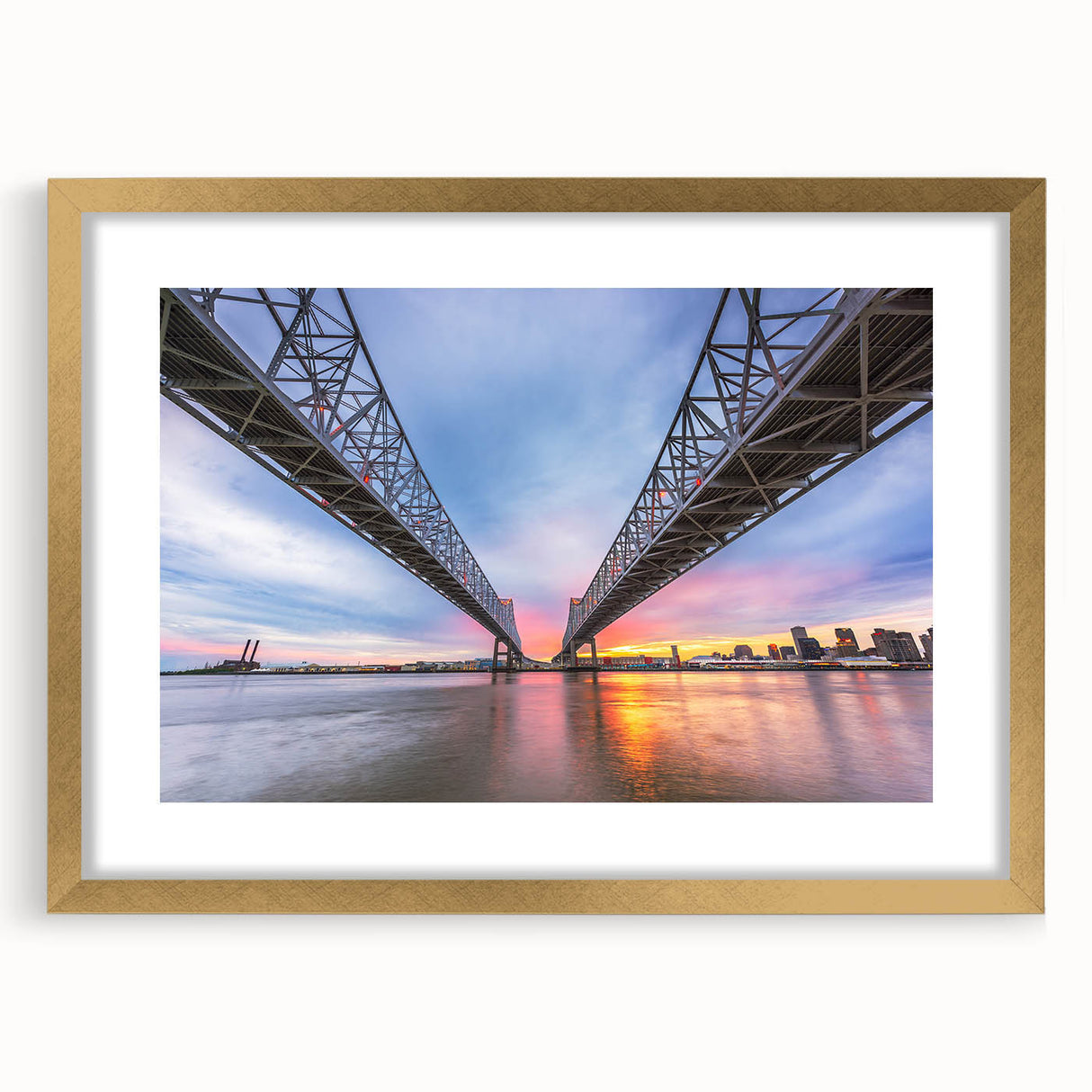 Abstract art print of a textured New Orleans scene in muted earth tones on a framed canvas.