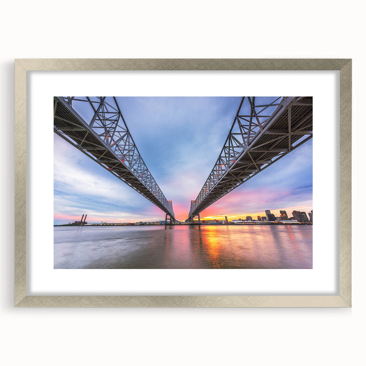Textured abstract art print of a Louisiana landscape in muted earth tones, framed in silver, ideal for bedroom art.