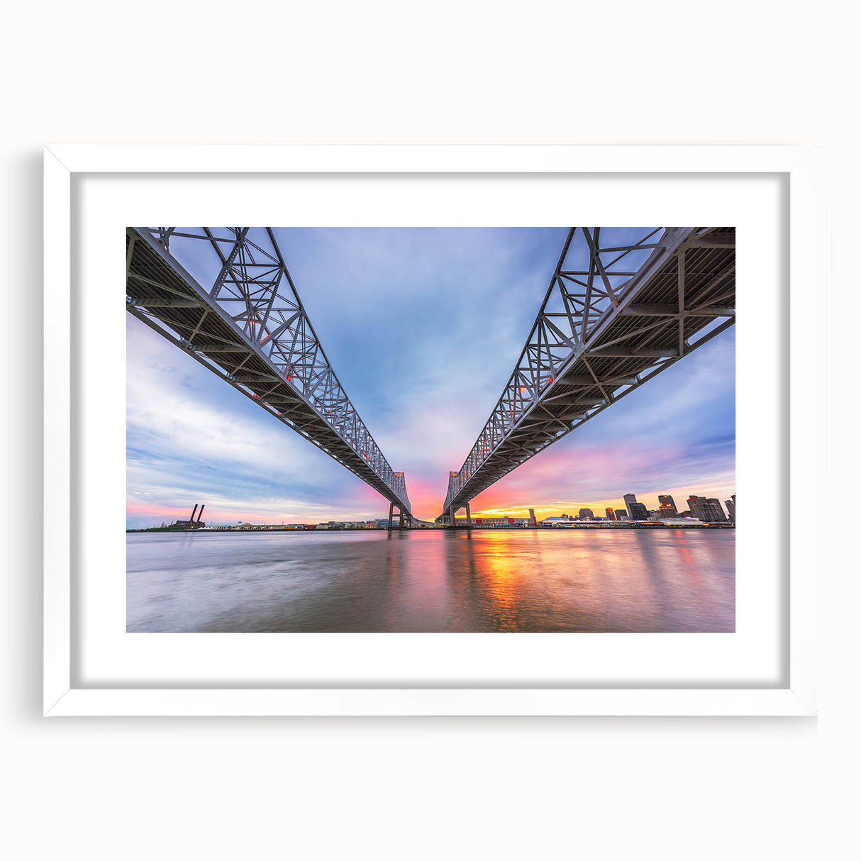 Abstract art print of New Orleans skyline in muted blues and grays on a framed white canvas, suitable for dining room decor.