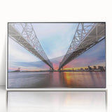 Art deco poster of New Orleans skyline in muted gold and blue tones on framed acrylic, suitable for modern art wall decor.