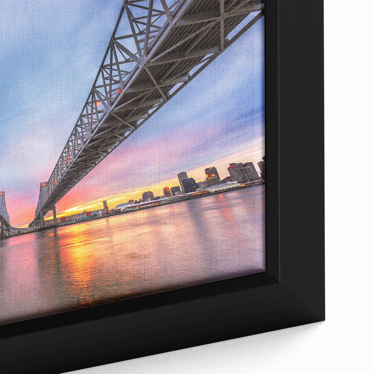 Black wall art featuring a textured New Orleans scenery in colorful tones on a framed canvas.