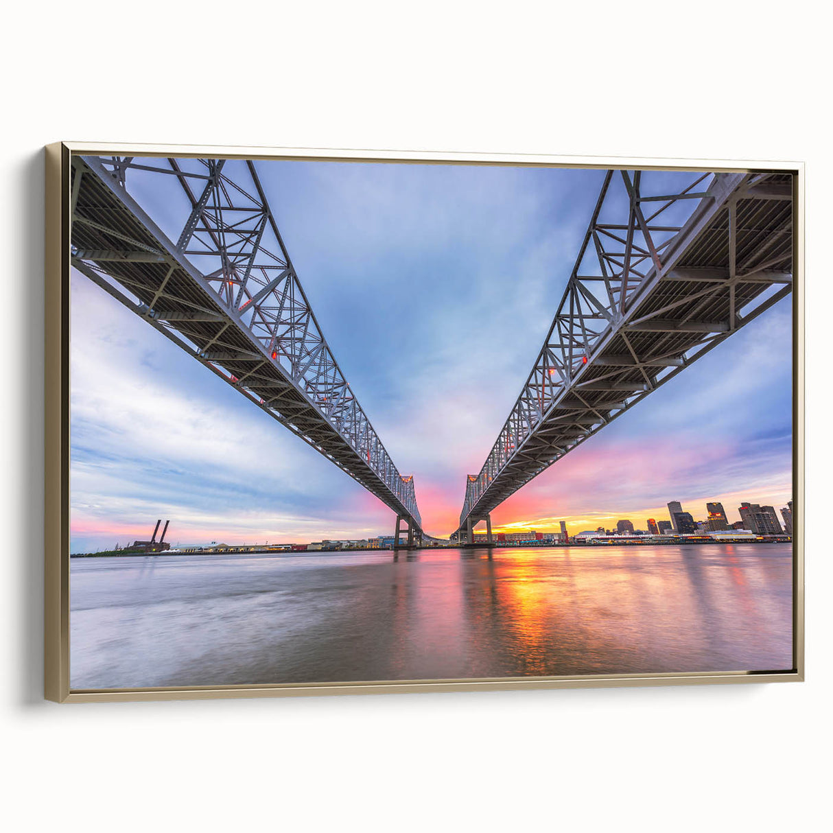 Framed canvas featuring a vintage-style New Orleans landscape in black and gold tones, ideal for bedroom wall art.