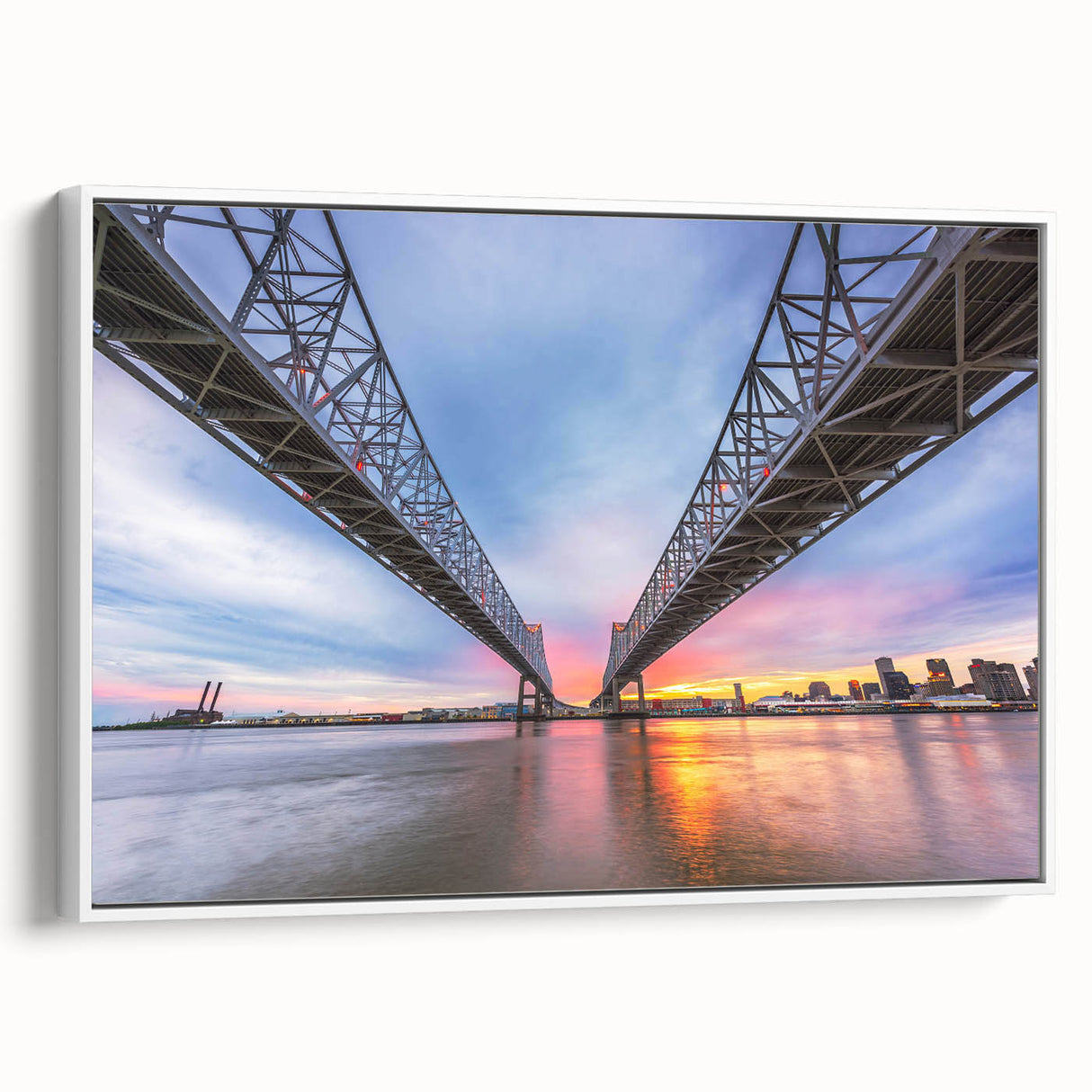 Vintage poster art of New Orleans street scene in colorful hues on framed canvas, ideal for living room decor.