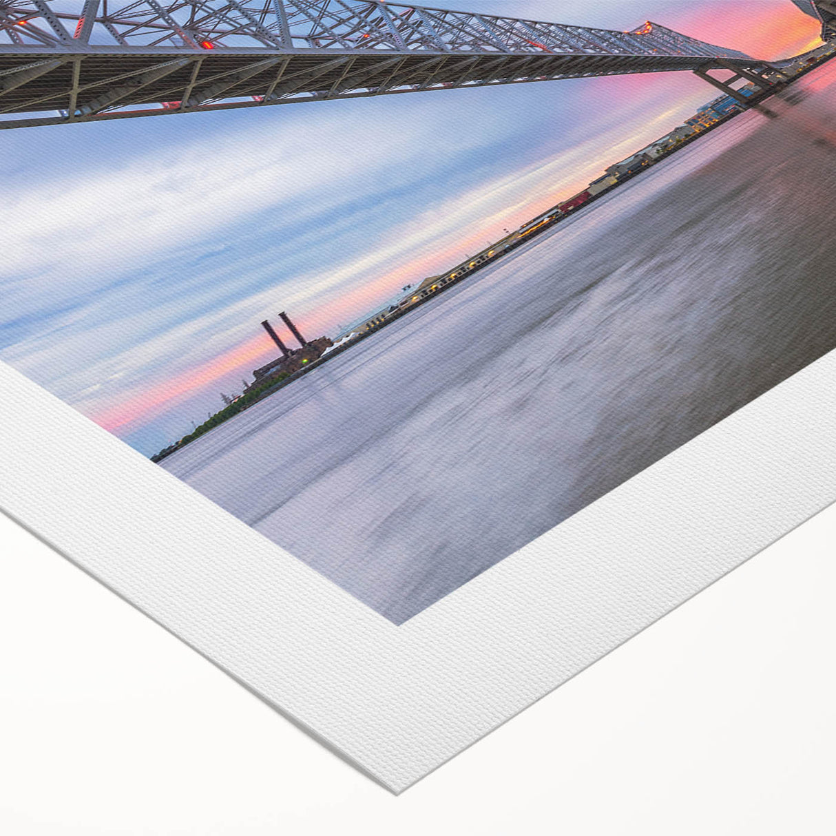 Art deco poster featuring a stylized New Orleans skyline in muted gold and navy tones, printed on rolled canvas.
