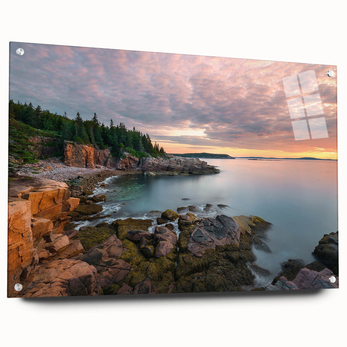 Acadia National Park scenery on acrylic glass, featuring ocean and cliffs in muted blues and greens.