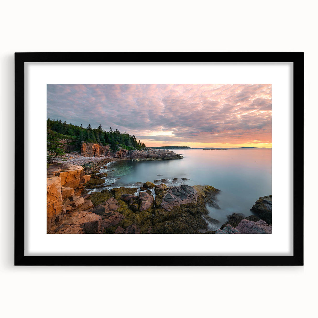 Abstract art print of Acadia in Maine with vibrant, colorful textures on a large black-framed canvas.
