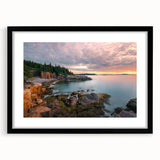 Abstract art print of Acadia in Maine with vibrant, colorful textures on a large black-framed canvas.