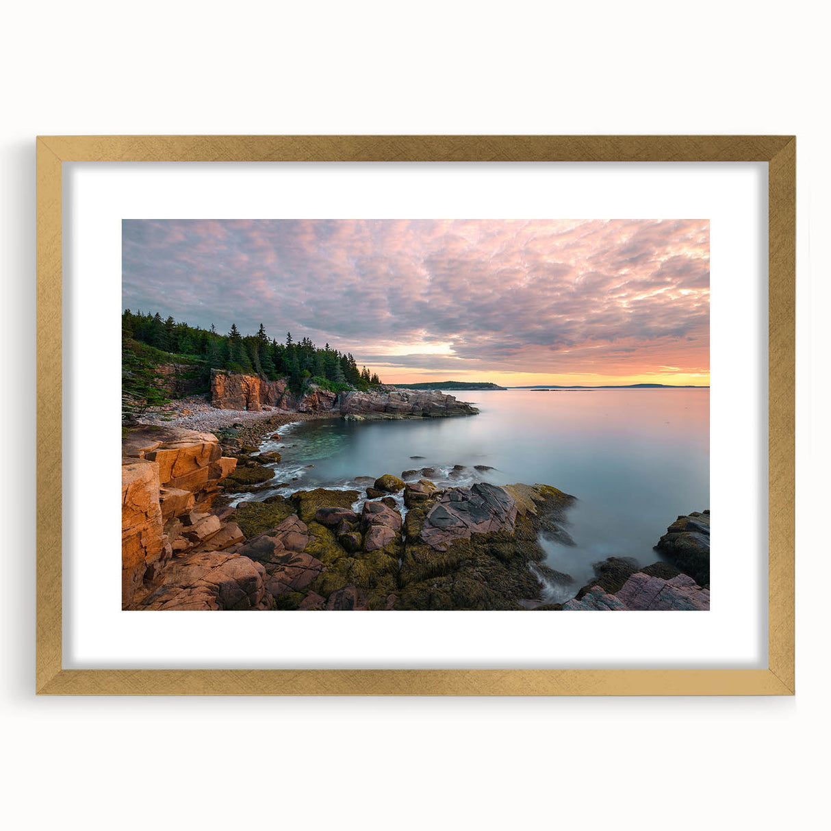 Extra large abstract art print of Acadia's scenery in Maine, with textured brush strokes, in a gold frame.