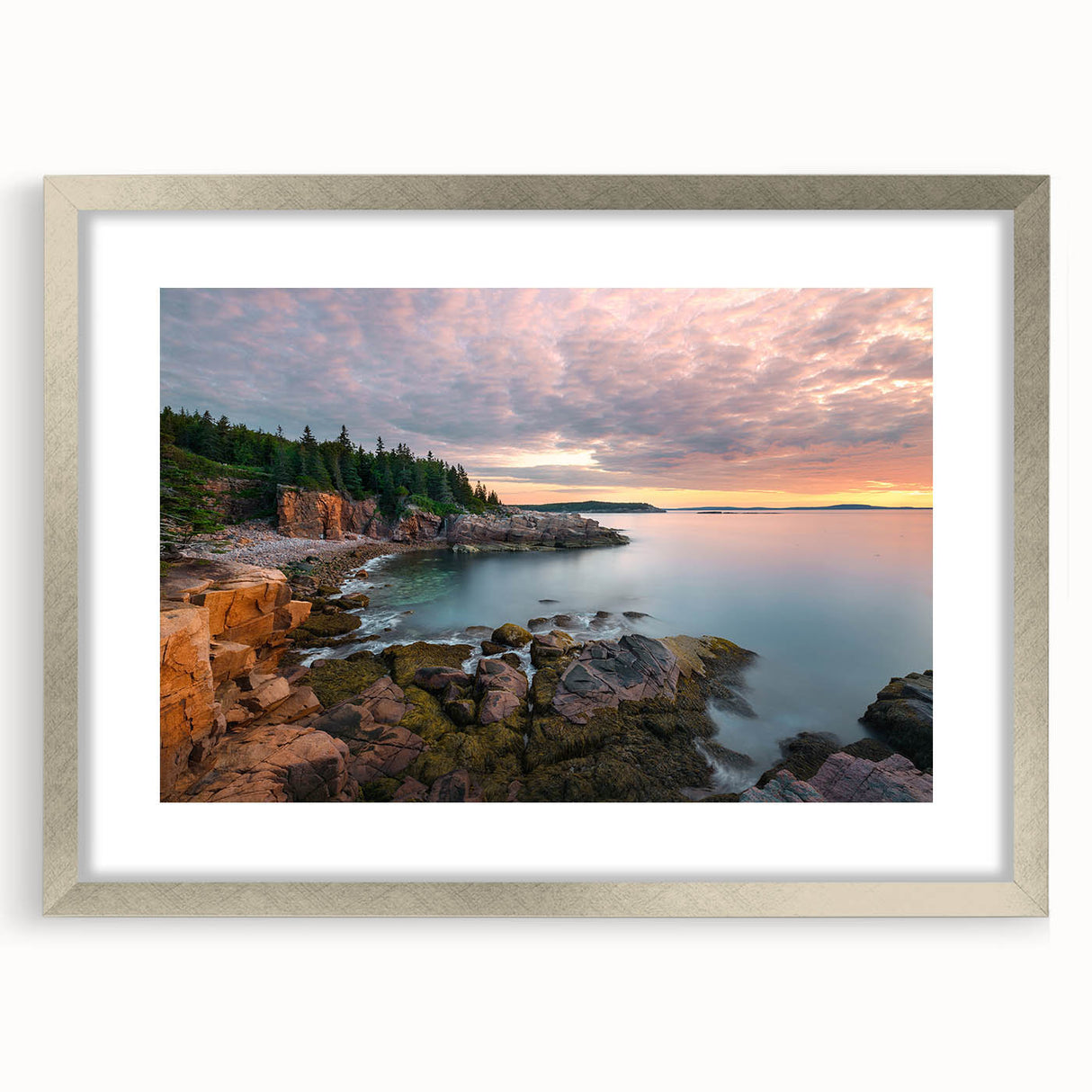 Textured abstract art print of Acadia, Maine, in muted earth tones on a framed canvas, suitable for bedroom decor.