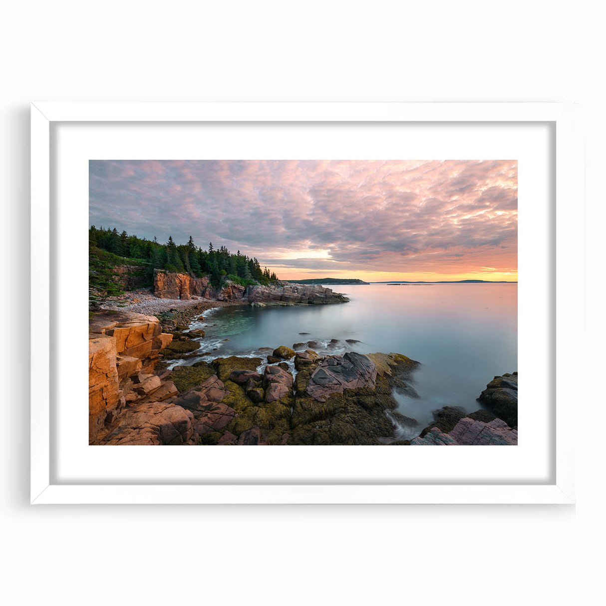 Abstract art print of Acadia in Maine, featuring muted earth tones on a framed white mat, ideal for dining room decor.