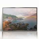 Mid-century modernist acrylic print of Acadia, Maine scenery in silver frame, suitable for nursery wall art.