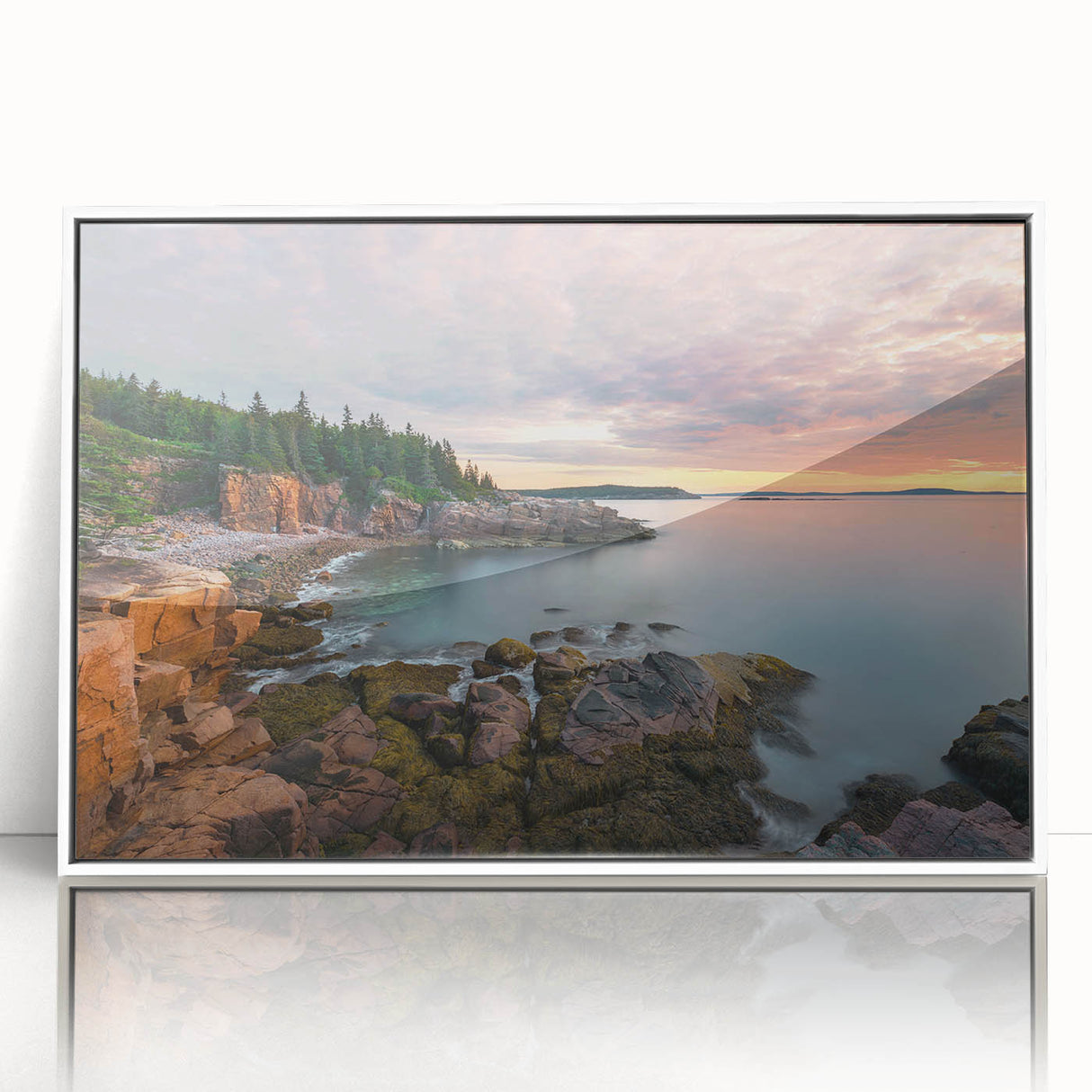 Acadia National Park scenery on a white-framed acrylic print, featuring serene blue and green tones.
