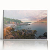 Acadia National Park scenery on a white-framed acrylic print, featuring serene blue and green tones.