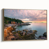 Framed canvas featuring a vintage-style landscape painting of Acadia, Maine, with muted earth tones.