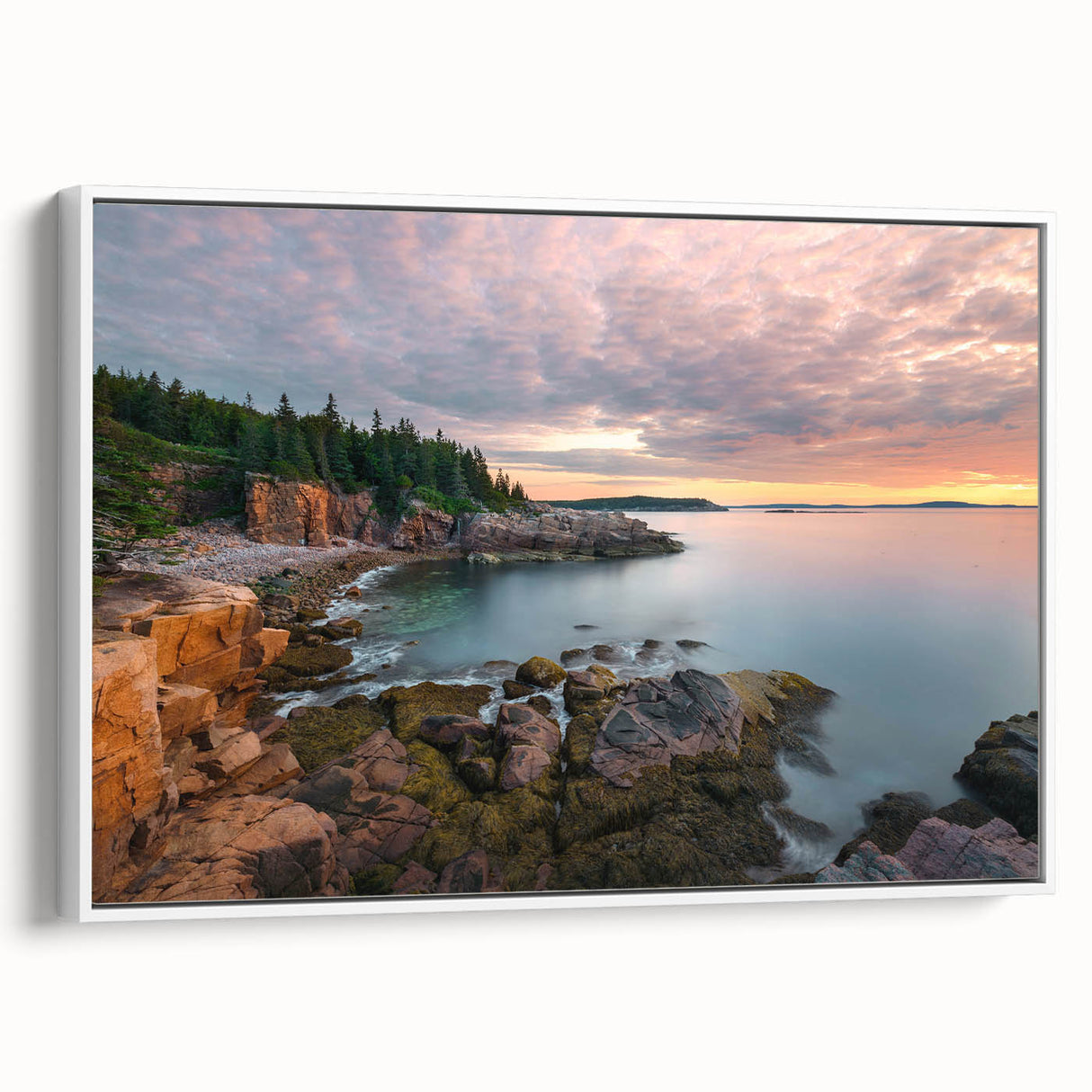 Vintage poster art of Acadia, Maine, in colorful hues on extra large framed canvas, suited for living room decor.