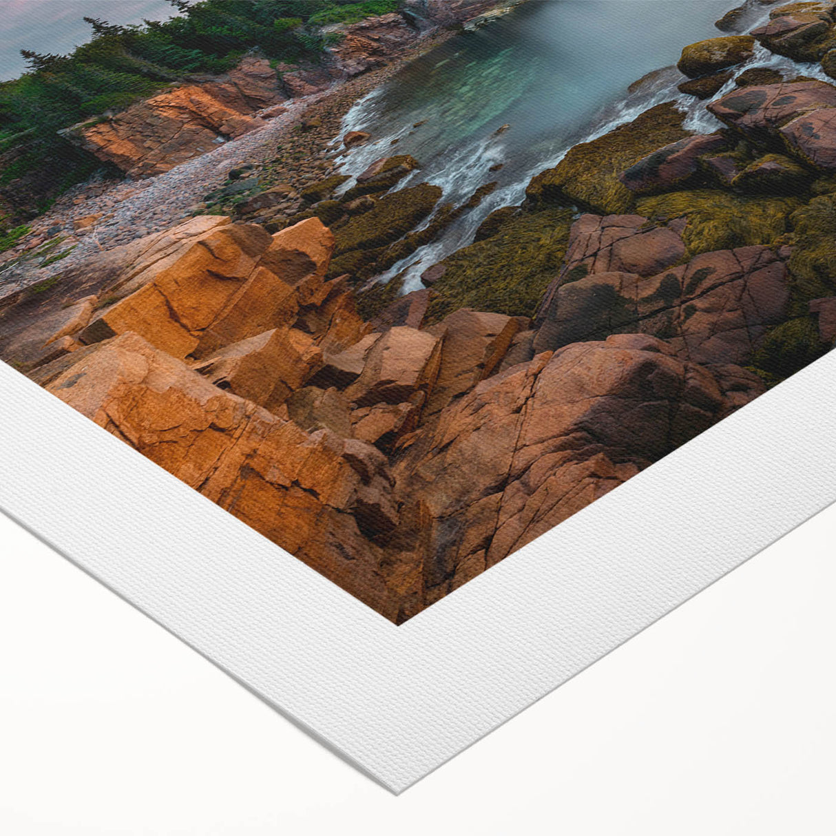 Art deco poster of Acadia National Park in muted earth tones on rolled canvas, suitable for dining room decor.