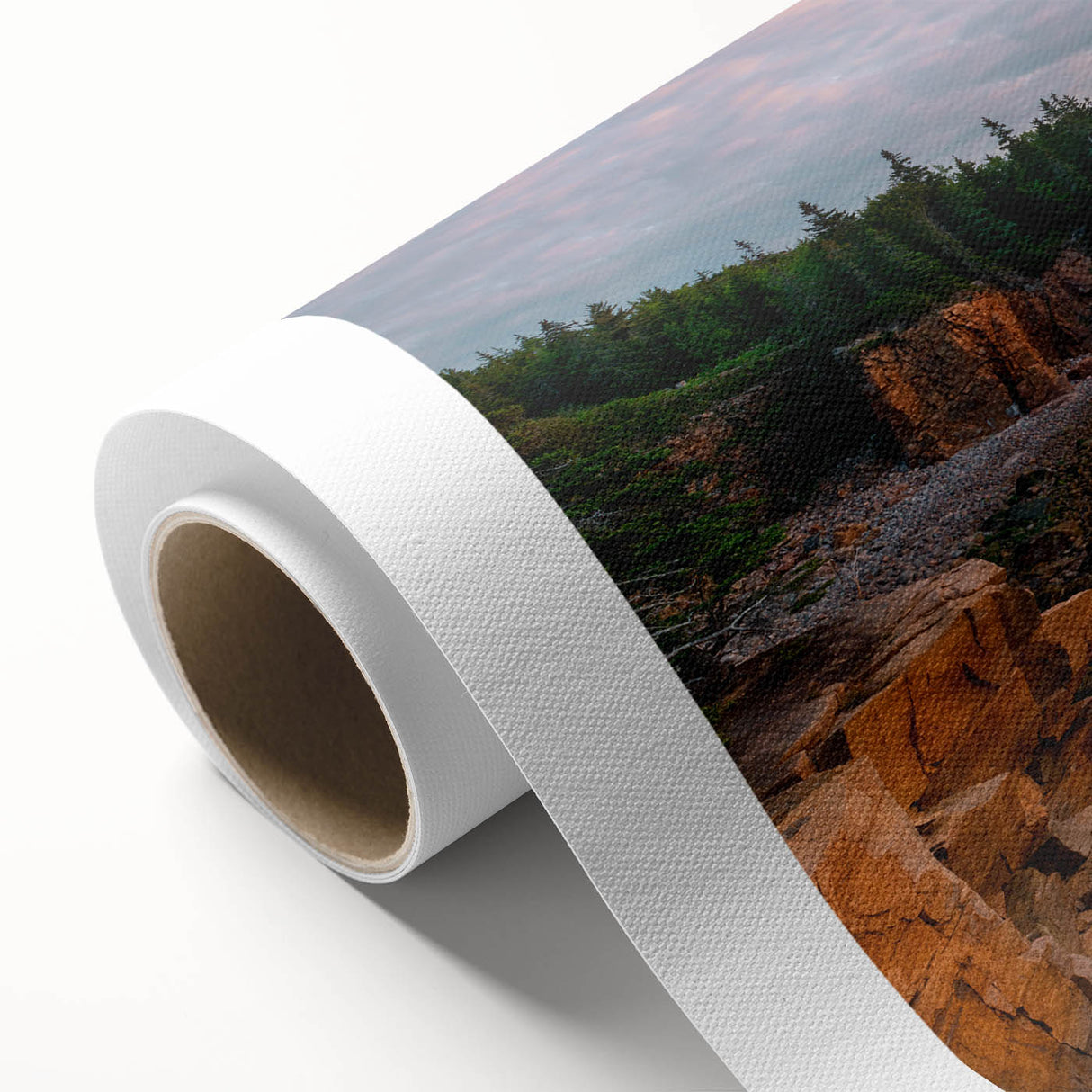 Acadia National Park scene in art deco style on rolled canvas, featuring muted greens and blues, ideal for nursery wall art.